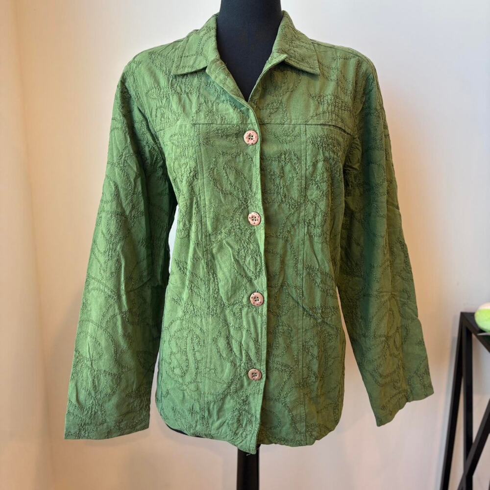 CJ Banks Green Button Up Long Sleeved Jacket Embroidery Details Sz 1X NWT